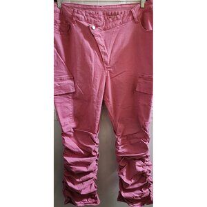 SHEIN CURVE PINK CRISS-CROSS-ZIPPER-FLY RUCHED STRETCH CARGO DENIM